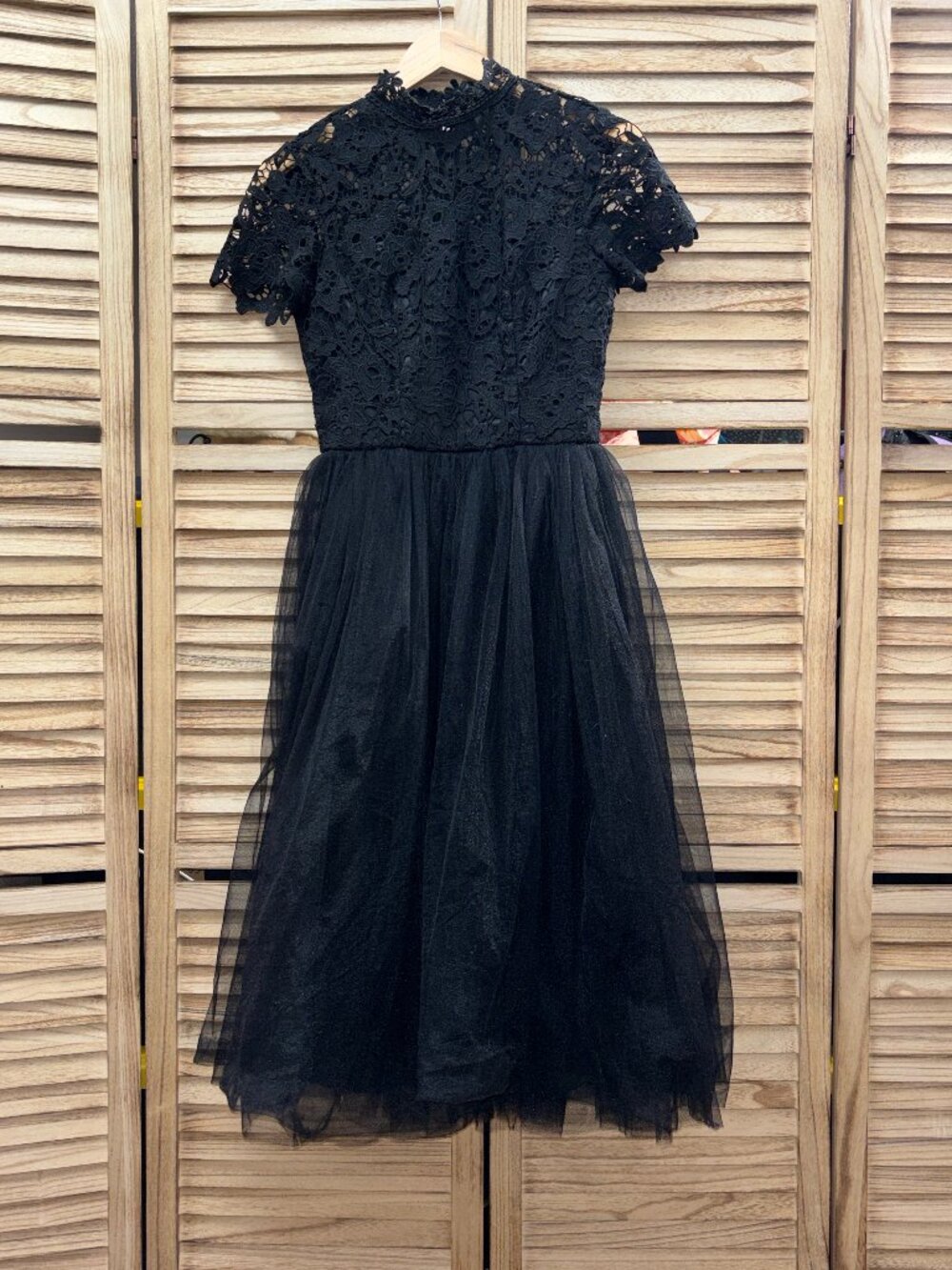 Chi Chi London Black Lace Bodice Tulle Skirt Cocktail Dress High Neck Midi 2